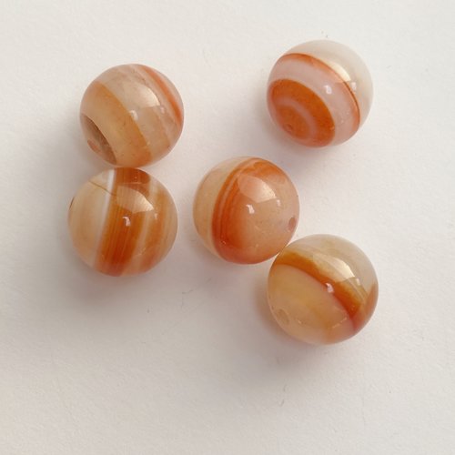 5 perles agate naturelle orange veiné 12 mm, rondes, trou 1 mm