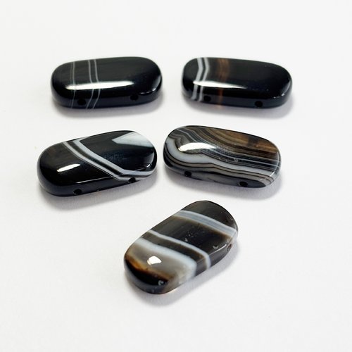 5 perles agate noire rubanée, ovale bitrou, 20 mm, 2 trous