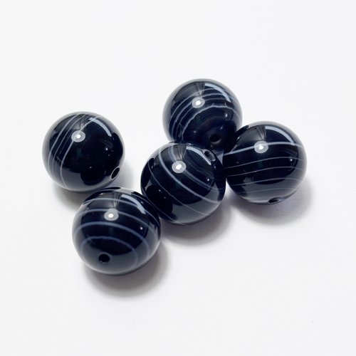 5 perles agate noire rubanée 12 mm, trou 1,1 mm