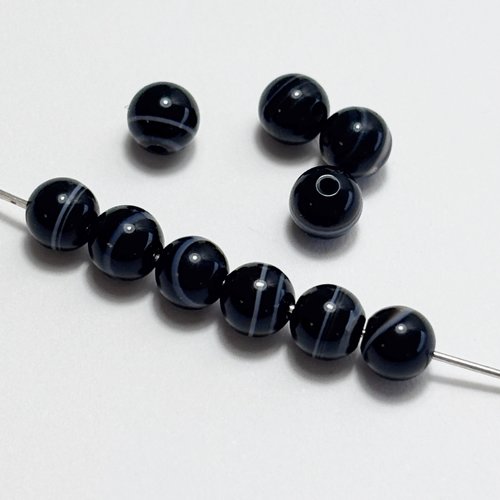 10 perles onyx rubané, agate noire striée, 4 mm