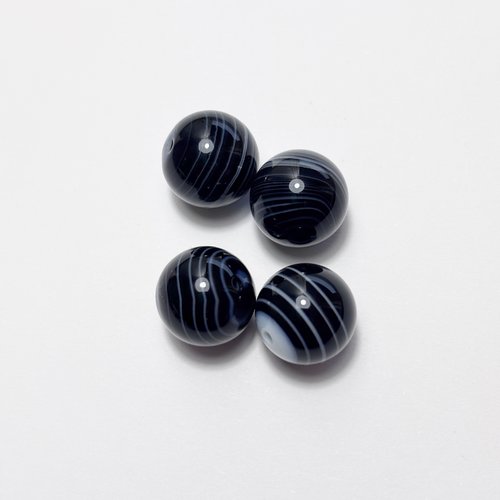 4 perles en agate noire rubanée, rondes 12 mm, trou 1,1 mm