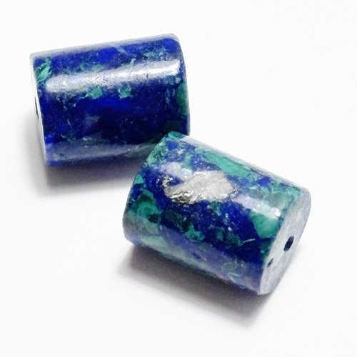 2 perles en azurite cylindriques 10 mm, bleu profond veiné de vert