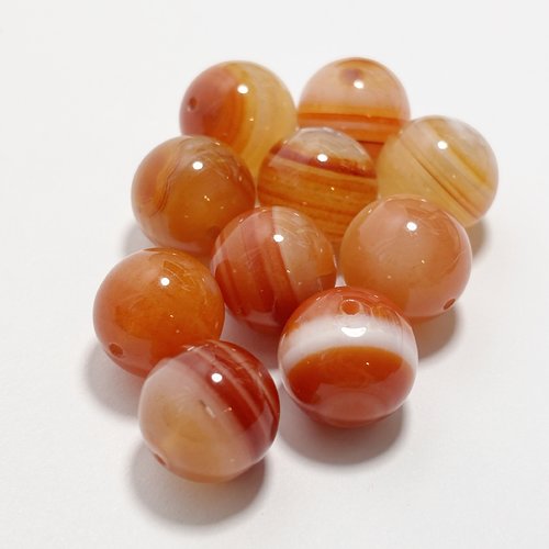10 perles en agate naturelle de 12 mm, rondes orange veinées