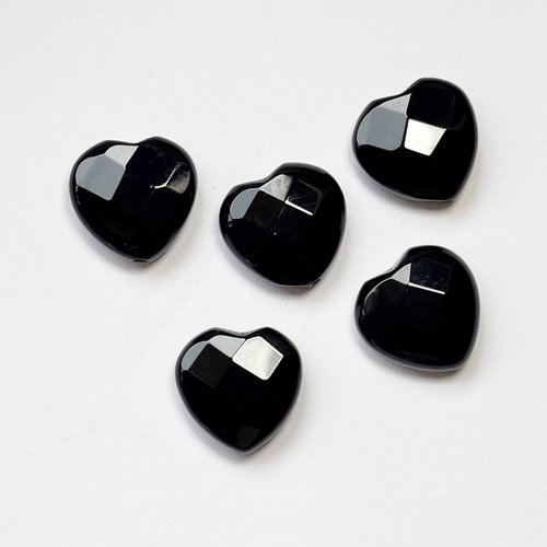 5 perles onyx cœur facetté 18 mm, agate noire, trou 1 mm