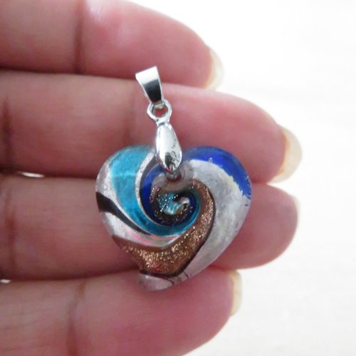 Pendentif cœur murano bleu, blanc et bronze