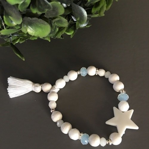 Bracelet boho chic blanc - panaché perles et pompon assorti