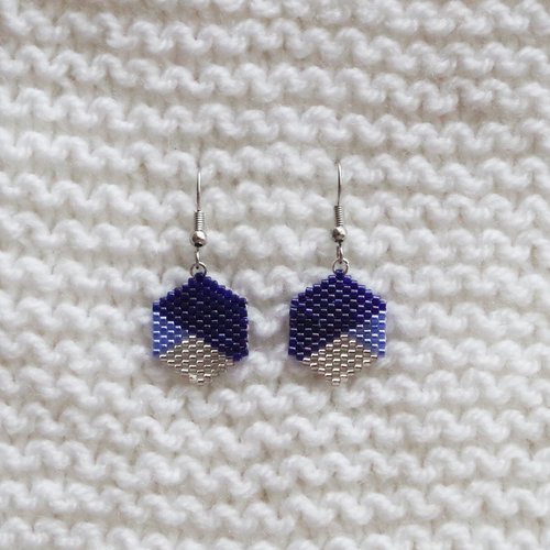 Boucles d'oreilles hexagone // bleu marine - bleu pastel - argenté
