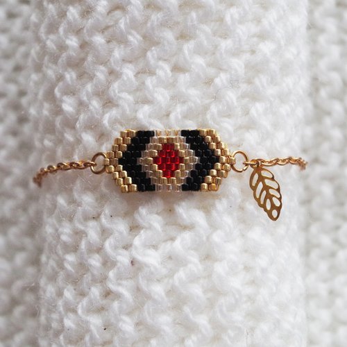 Bracelet petit tissage // noir - doré - rouge