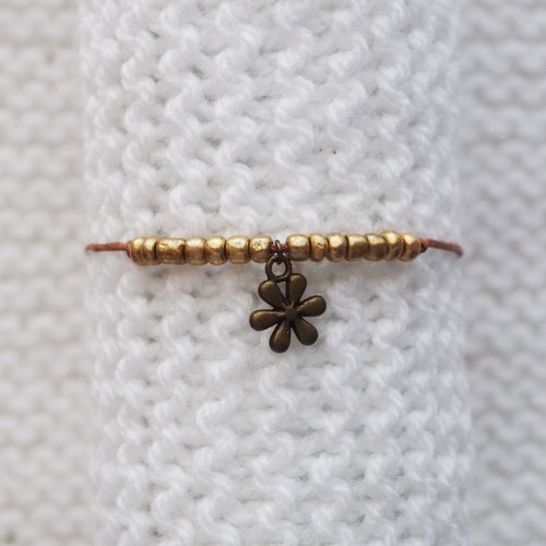 Bracelet corde ajustable // fleur cuivrée // marron - doré