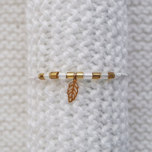 Bracelet corde ajustable // feuille dorée // blanc - doré