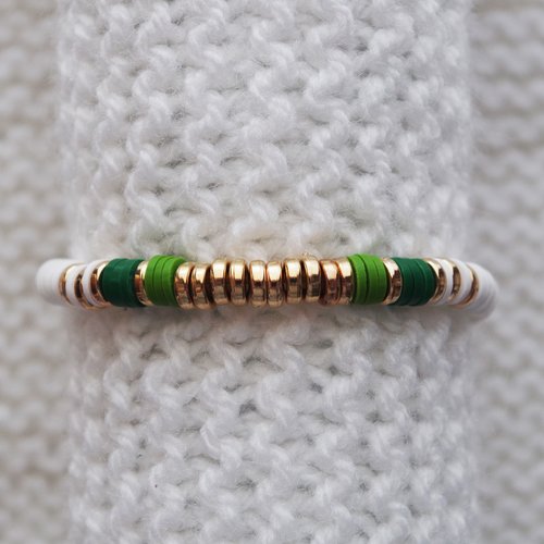 Bracelet perles heishi // blanc - vert sapin - vert clair - doré