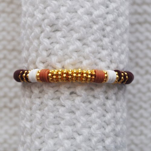 Bracelet perles heishi // bordeaux - blanc - marron - doré
