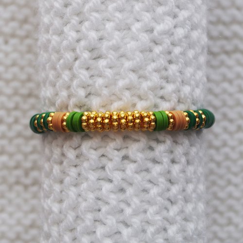 Bracelet perles heishi // vert sapin - caramel - vert clair - doré