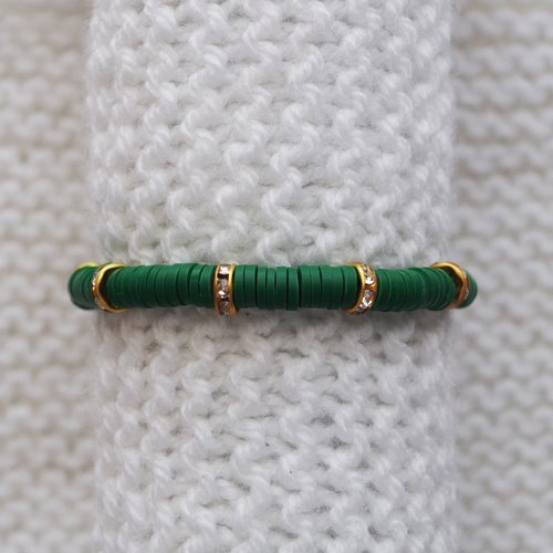 Bracelet perles heishi // strass doré // vert sapin