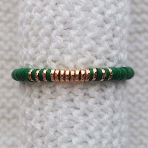 Bracelet perles heishi // vert sapin - doré