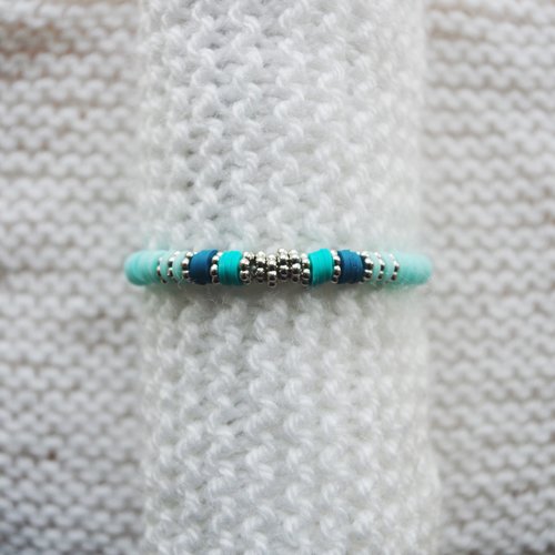 Bracelet perles heishi // bleu ciel - bleu pétrole - turquoise - argenté