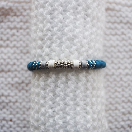 Bracelet perles heishi // bleu pétrole - gris - blanc - argenté