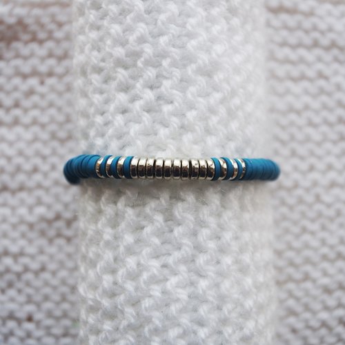 Bracelet perles heishi // bleu pétrole - argenté