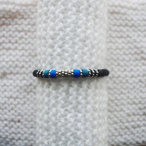 Bracelet perles heishi // noir - bleu pétrole - bleu - argenté