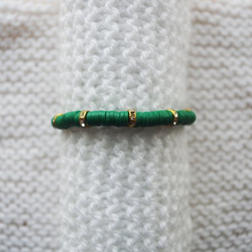 Bracelet perles heishi // vert sapin - doré strass