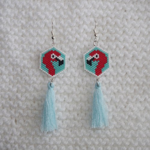Boucles d'oreilles en perles tissées // flamant rose // rouge - bleu