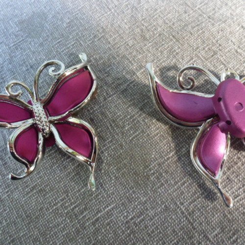 Grande perles papillons fuchsia et argent en synthétique  (x1)