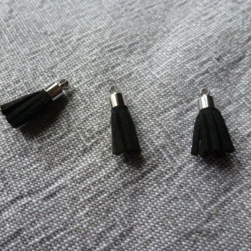 Mini pompons franges en suedine noir  et argent 18x4mm (x1)