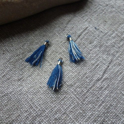 Pompons franges bleu et argent 12x5mm (x1)