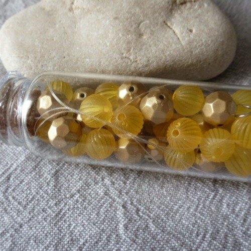 Fiole de perles plastique jaune et doré (x1)