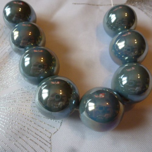Grosse perle en céramique ronde  bleu gris 22mm (x1)