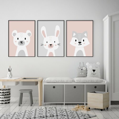 Lot 3 Affiches Bebe Ours Lapin Loup Cadeau Naissance Chambre Enfant Poster Mural Animaux Impression Decorative Couleurs Pastel Un Grand Marche