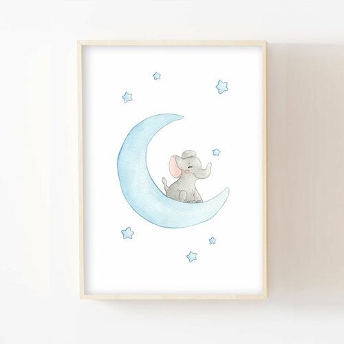 Illustration Enfant Aquarelle Pastel Elephant Sur Sa Lune Cadeau Decoration Murale Chambre Bebe Poster Mural Pepiniere Animaux Un Grand Marche