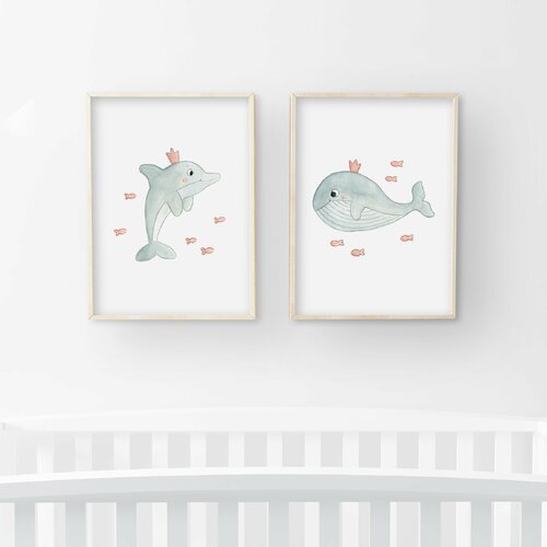 Illustrations Chambre Enfant Aquarelle Ensemble Dauphin Et Baleine Decoration Mer Rose Bleu Gris Affiche Animaux Pour Beb Un Grand Marche