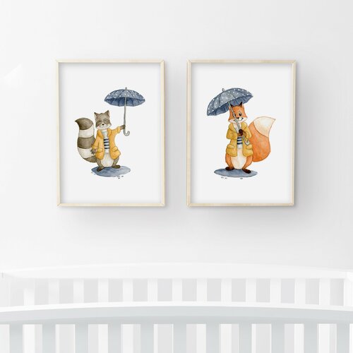 Decoration Chambre Enfant Bebe Ensemble De Mignons Animaux Impression Aquarelle Fait Main Affiches Raton Laveur Renar Un Grand Marche