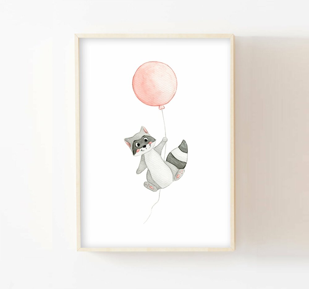 Affiche Bebe Aquarelle Raton Laveur Et Son Ballon Cadeau Decoration Murale Chambre Enfant Bebe Poster Pepiniere Animaux Un Grand Marche