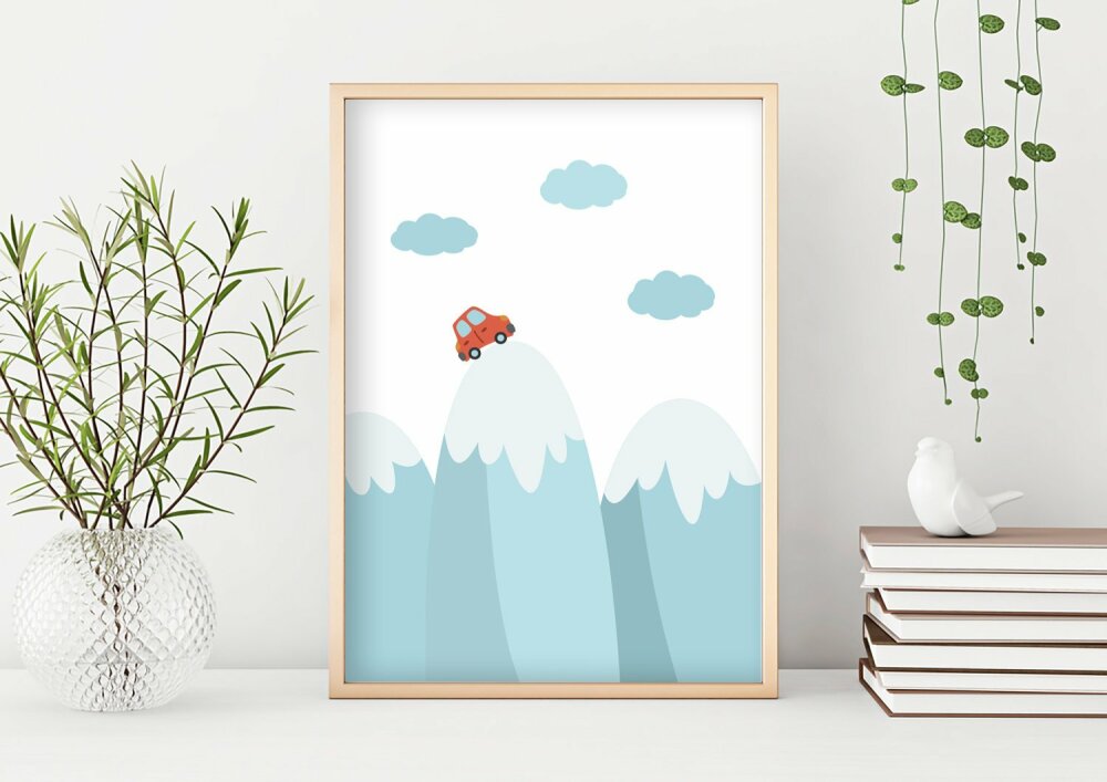 Decoration Murale Pour Enfant Cadeau Naissance Chambre Enfant Bebe Affiche Paysage Montagne Et Voiture Fille Garcon Bleu Et Rouge Un Grand Marche