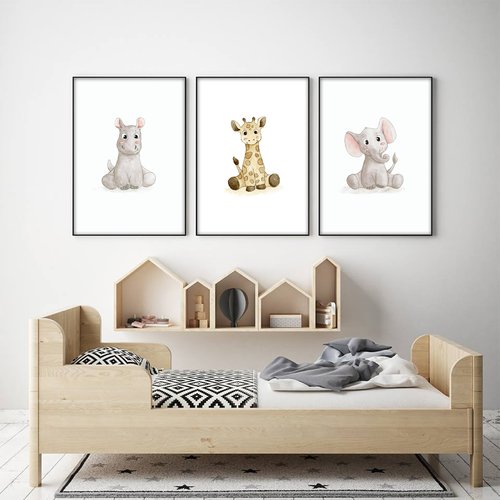 Affiches Aquarelle Enfant Lot 3 Illustrations Safari Elephant Girafe Hippopotame Decoration Animaux Chambre Bebe Un Grand Marche