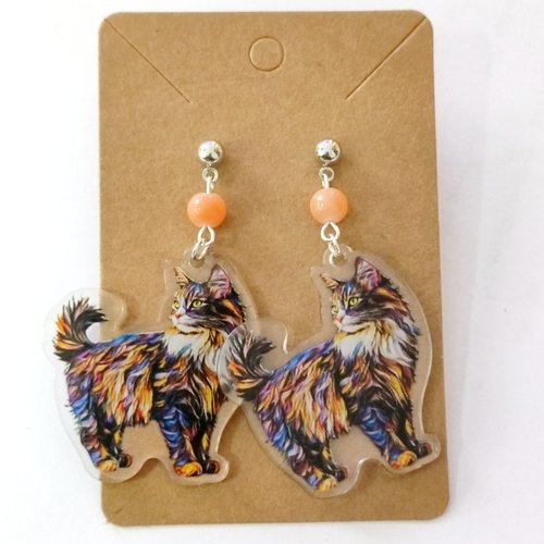 Boucle d'oreille chat multicolore saumon