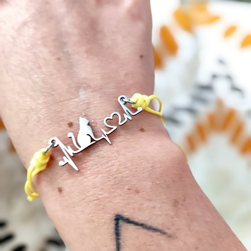 Bracelet réglable chat argenté jaune