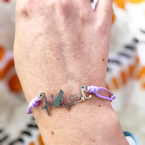 Bracelet réglable chat argenté mauve