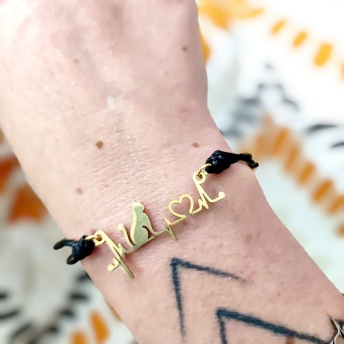Bracelet réglable chat dorée noir