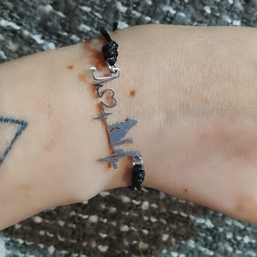 Bracelet chat cœur battant argentée noir