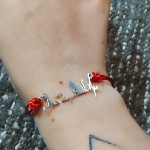Bracelet chat cœur battant argentée rouge