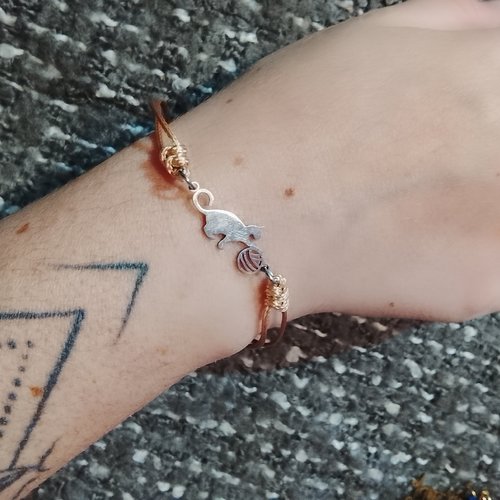 Bracelet chat pelote argentée beige