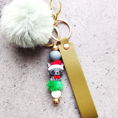 Porte clés dorée chat noël kaki
