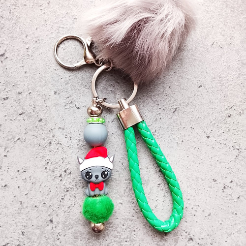 Porte clés chat noël vert
