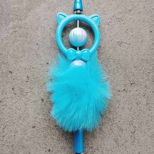 Stylo tête chat pom-pom bleu