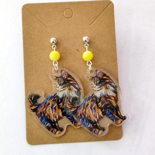 Boucle d'oreille chat multicolore jaune