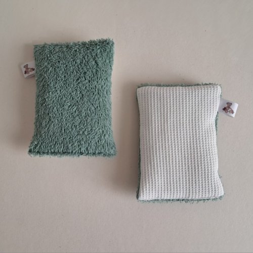 Eponge à vaisselle - tissu eponge et mini nid d'abeilles - vert roseau/ecru