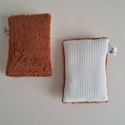 Eponge à vaisselle - tissu eponge et mini nid d'abeilles - terracotta/ecru